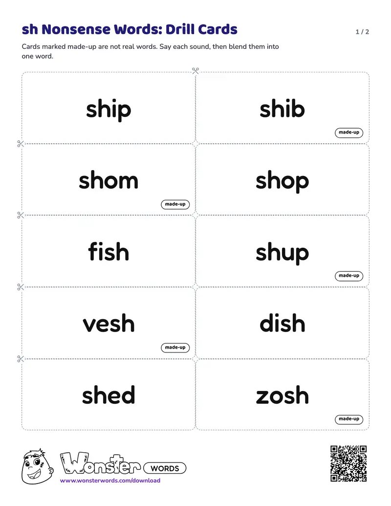 Page 1 of the sh Nonsense Words: Drill Cards worksheet (2 pages): 10 cards