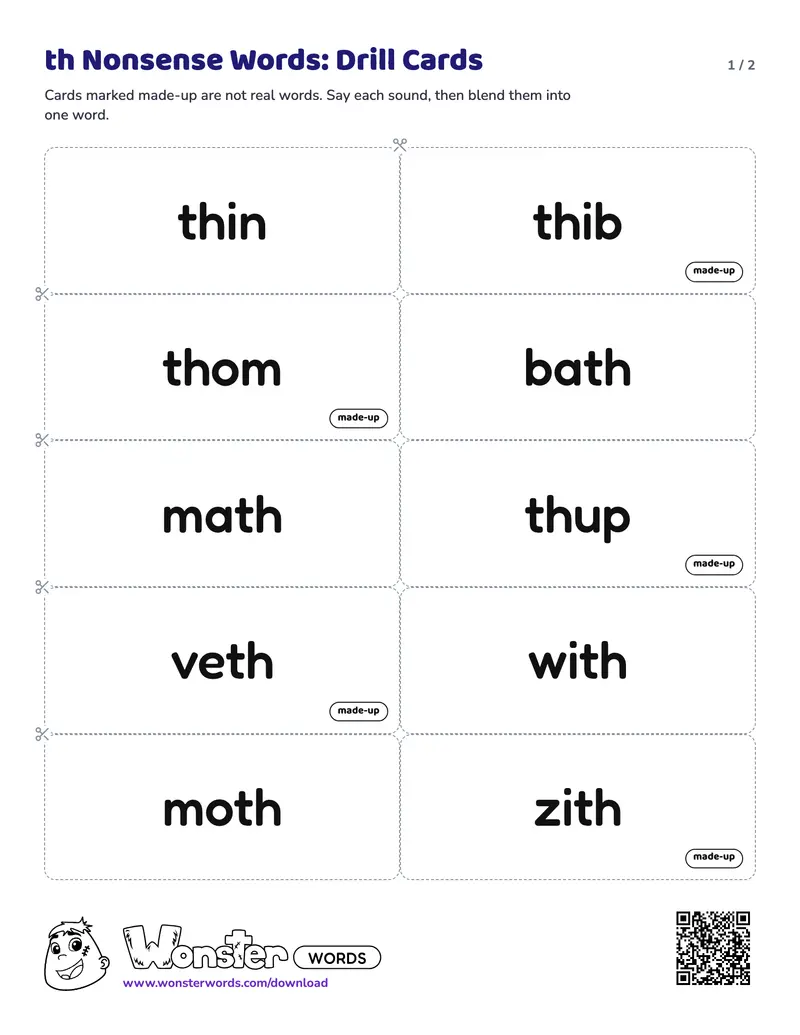 Page 1 of the th Nonsense Words: Drill Cards worksheet (2 pages): 10 cards