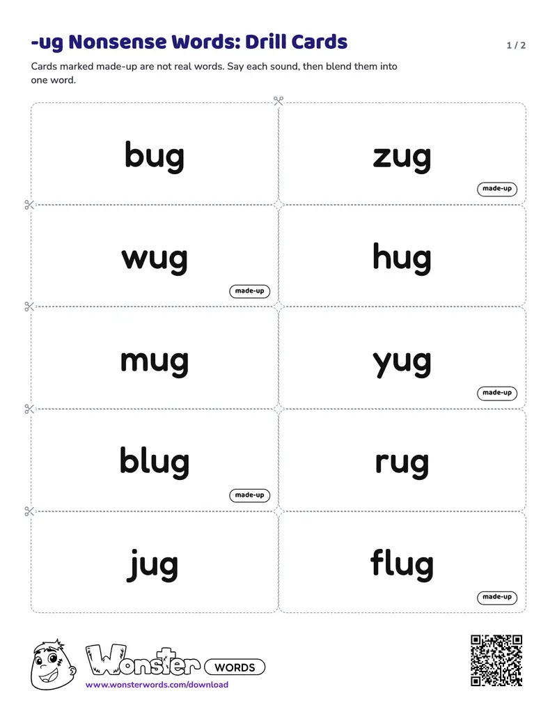 Page 1 of the -ug Nonsense Words: Drill Cards worksheet (2 pages): 10 cards