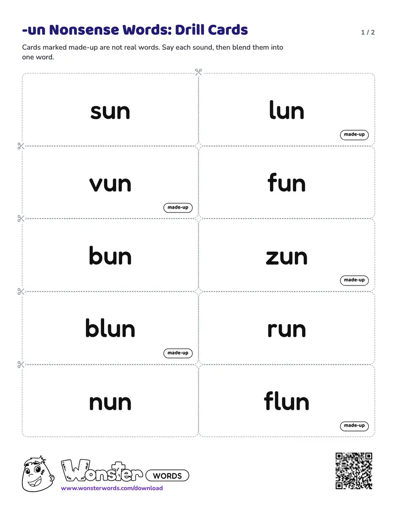 Page 1 of the -un Nonsense Words: Drill Cards worksheet (2 pages): 10 cards