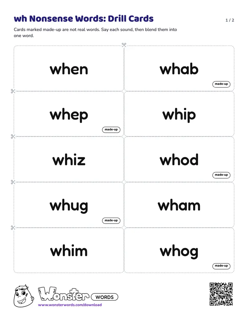 Page 1 of the wh Nonsense Words: Drill Cards worksheet (2 pages): 10 cards