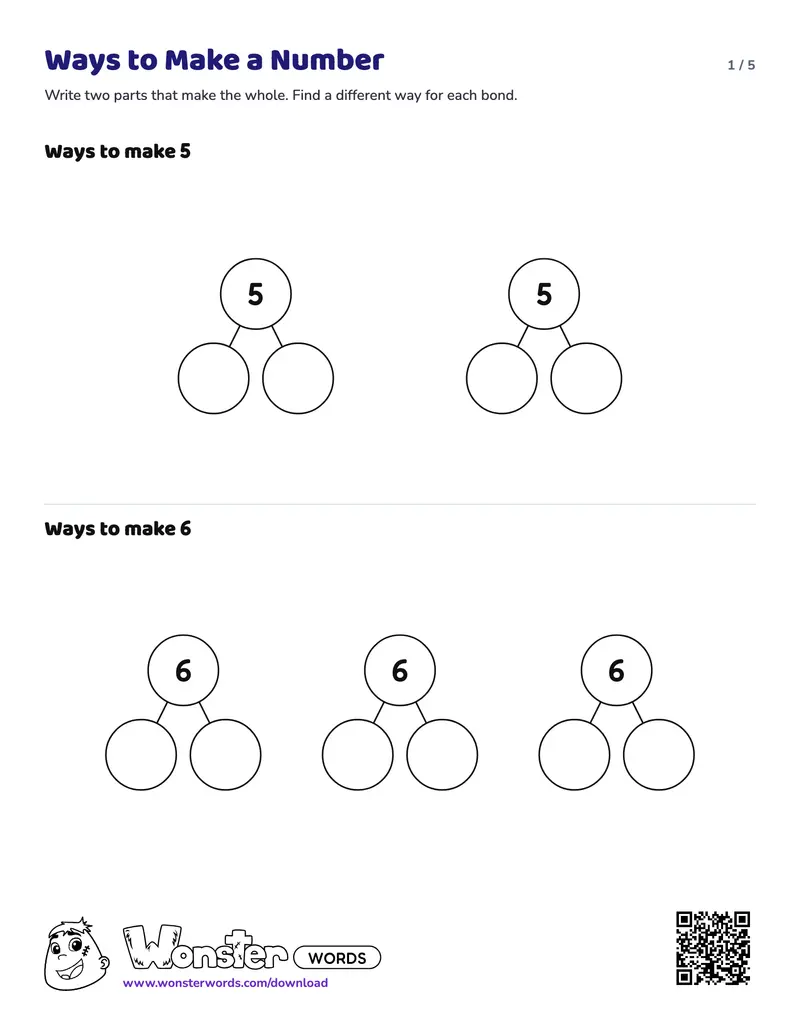 Page 1 of the Ways to Make a Number worksheet (5 pages): 21 number bonds, answer key included