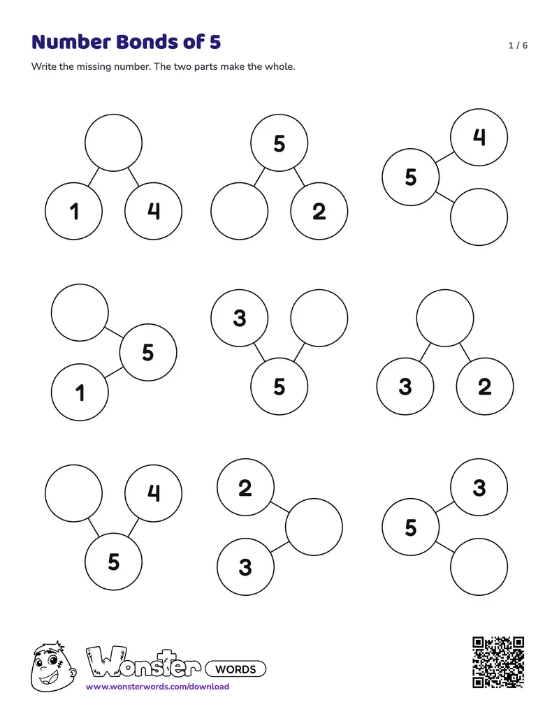 Page 1 of the Number Bonds worksheet (6 pages): 36 number bonds, answer key included