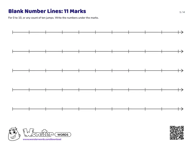 Page 1 of the Blank Number Lines worksheet (4 pages): 15 number lines