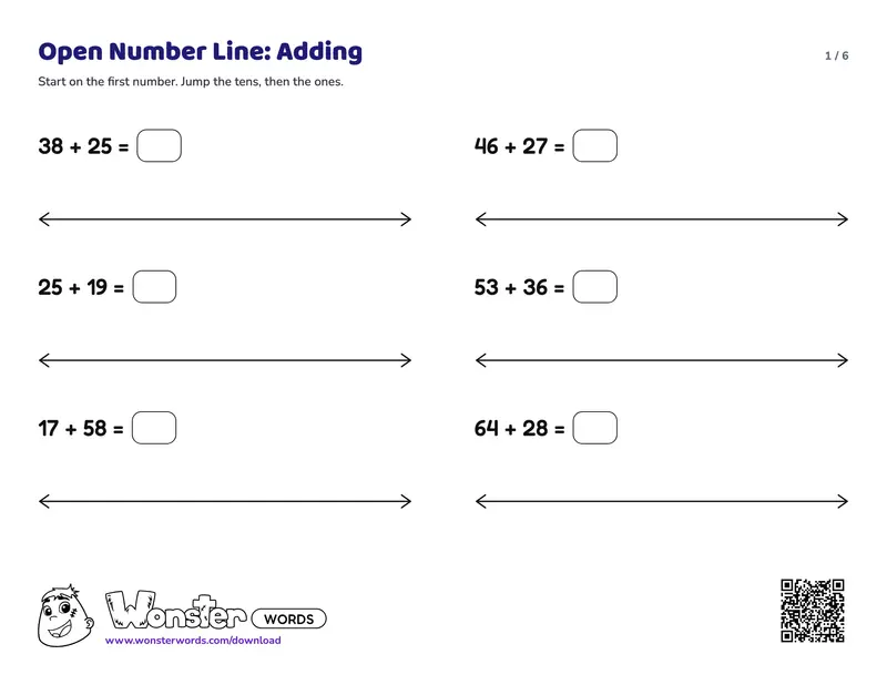 Page 1 of the Open Number Line worksheet (6 pages): 24 problems, answer key included