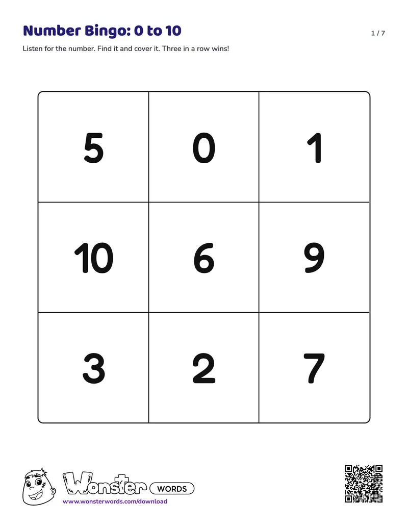 Page 1 of the Number Bingo 0-10 worksheet (8 pages): 11 numbers