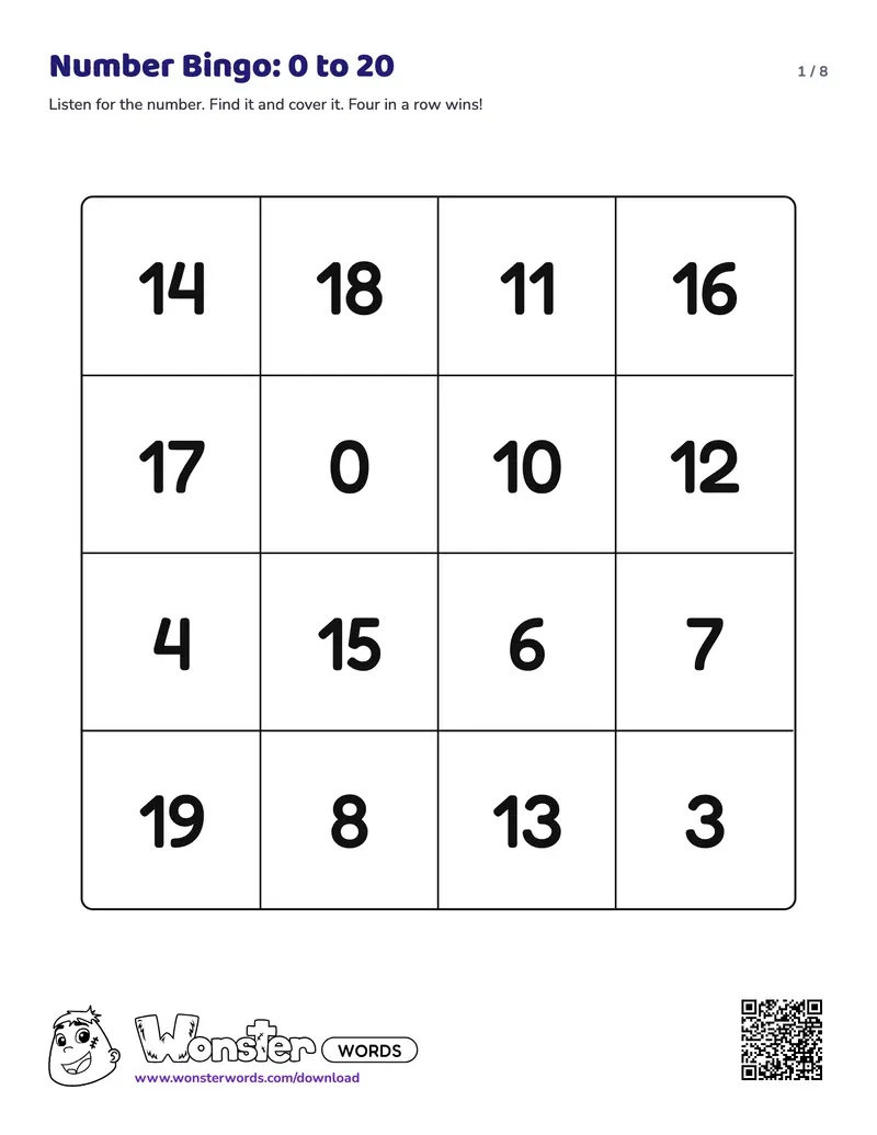 Page 1 of the Number Bingo 0-20 worksheet (9 pages): 21 numbers