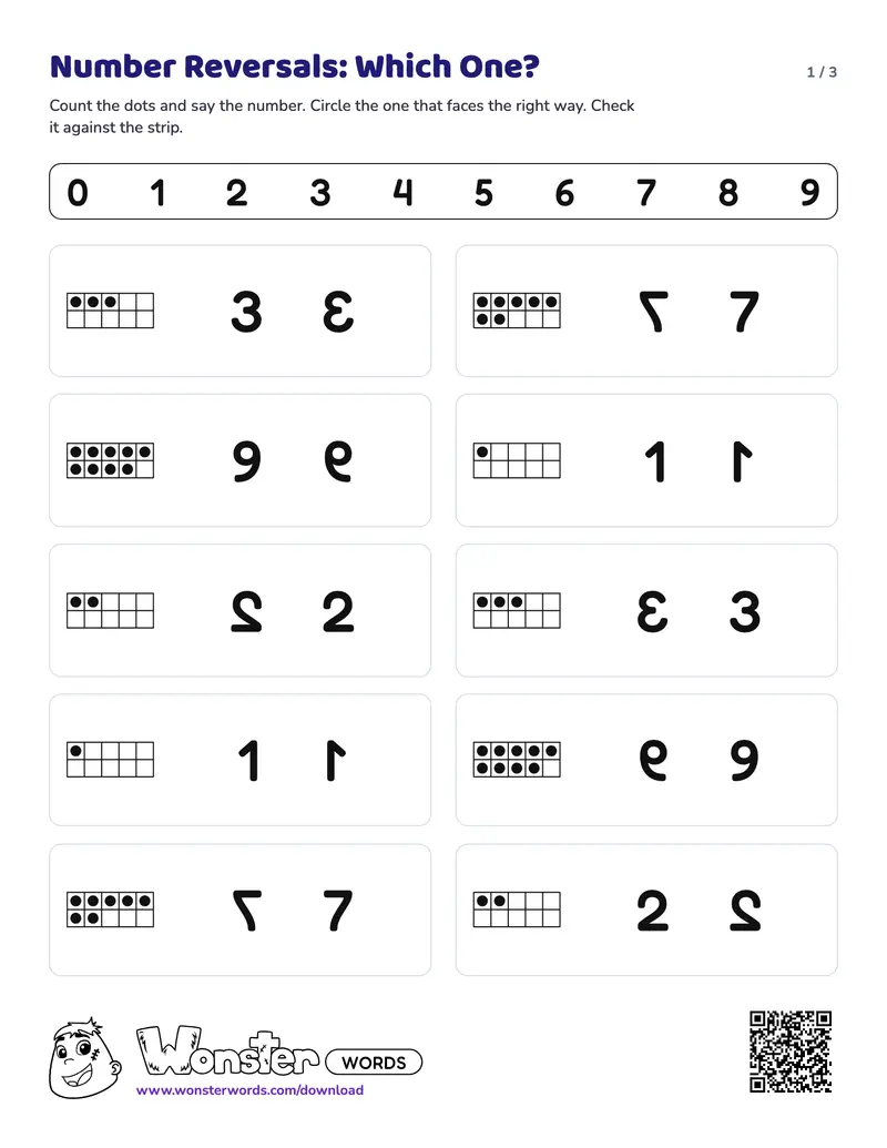 Page 1 of the Number Reversals: Which One? worksheet (7 pages): 5 digits, answer key included