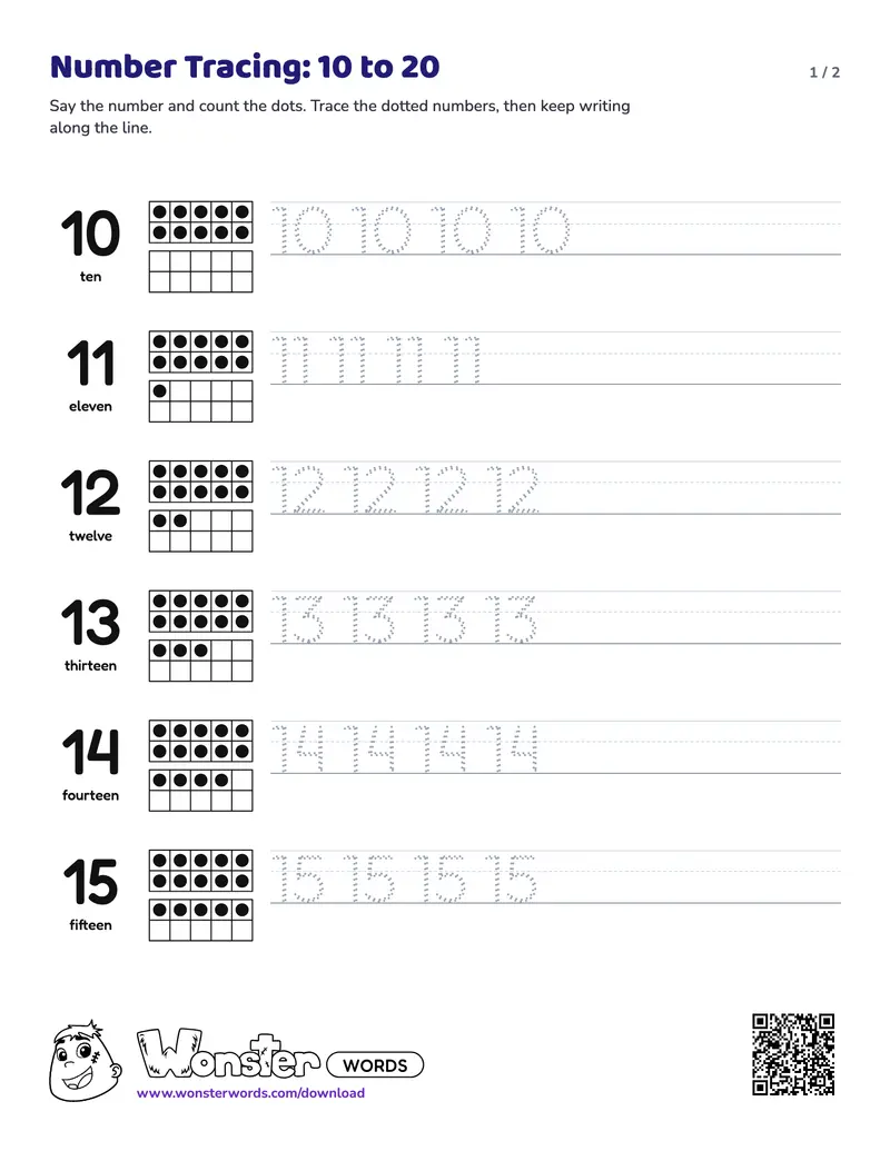 Page 1 of the Number Tracing 10-20 worksheet (3 pages): 11 numbers