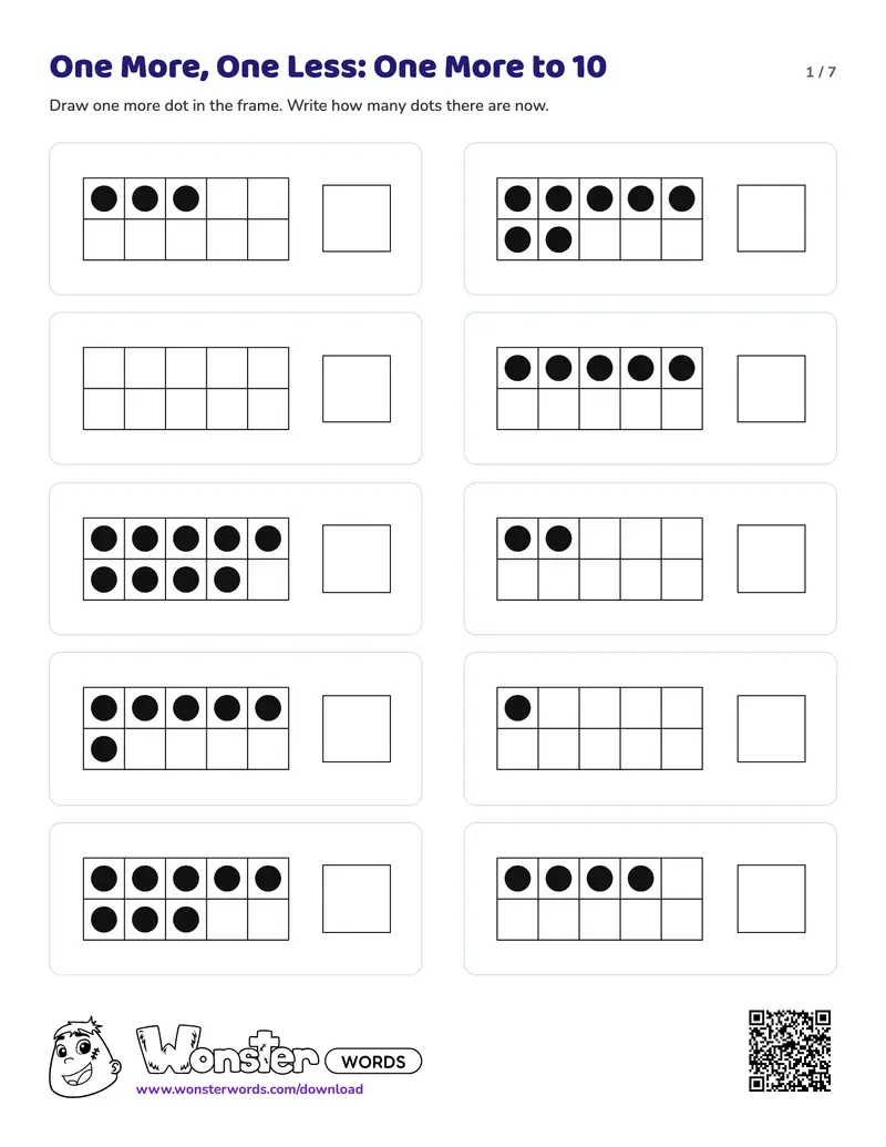 Page 1 of the One More, One Less worksheet (14 pages): 160 numbers to write, answer key included
