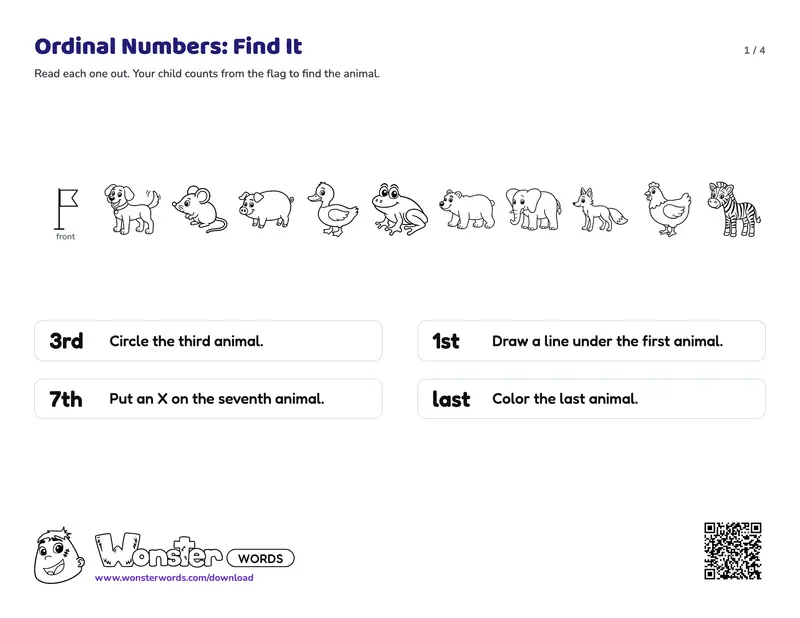 Page 1 of the Ordinal Numbers: Find It worksheet (5 pages): 12 places to find, answer key included
