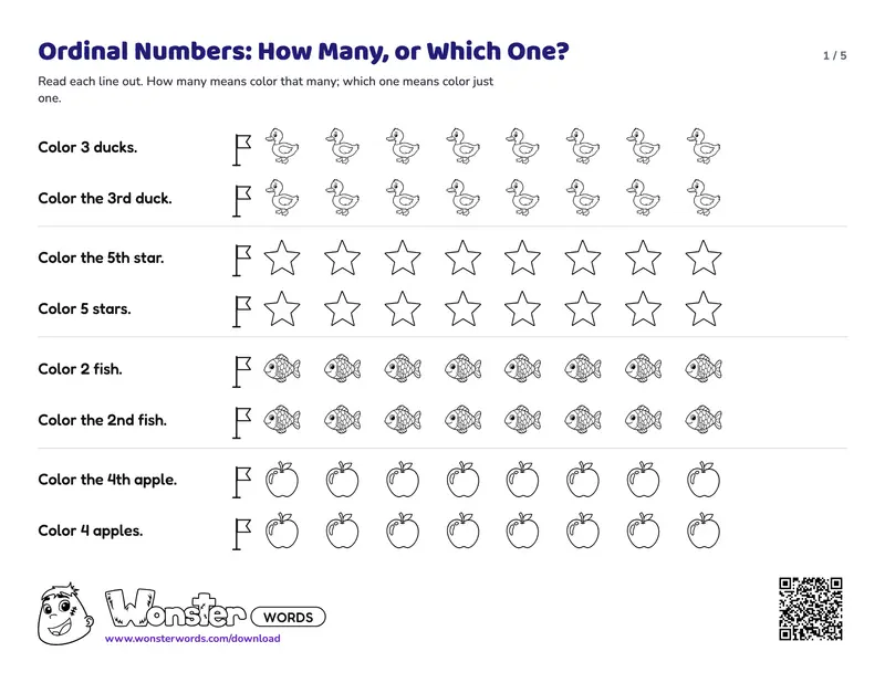 Page 1 of the Ordinal Numbers: How Many, or Which One? worksheet (6 pages): 24 rows to color, answer key included