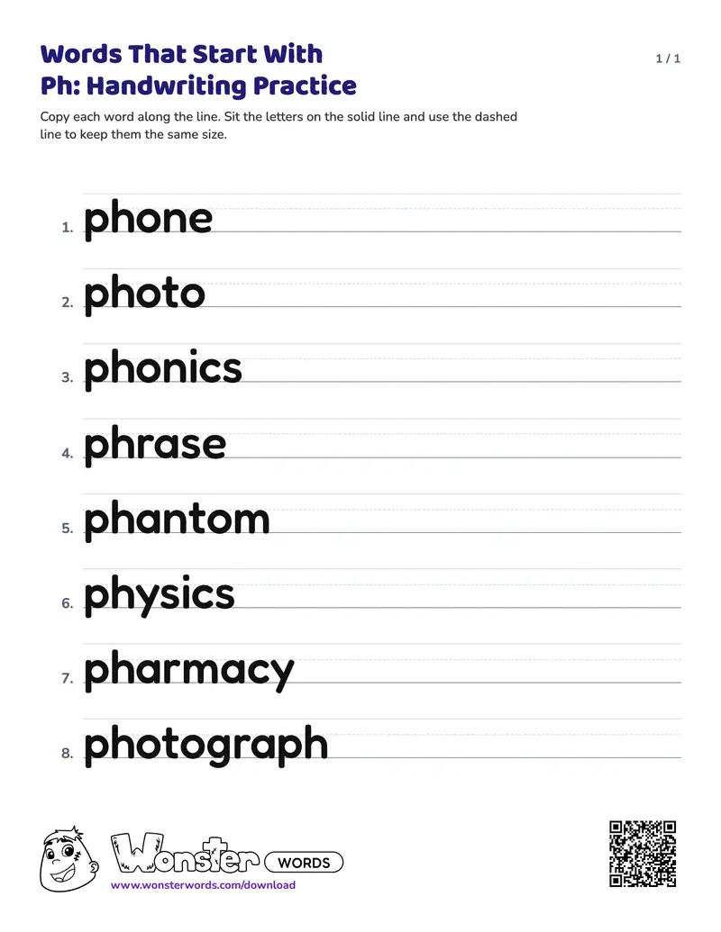 The Words That Start With Ph: Handwriting Practice worksheet: 8 words