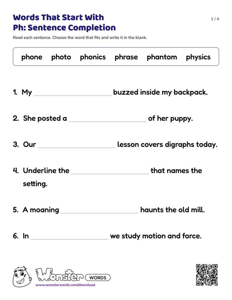 Page 1 of the Words That Start With Ph: Sentence Completion worksheet (4 pages): 8 sentences, answer key included