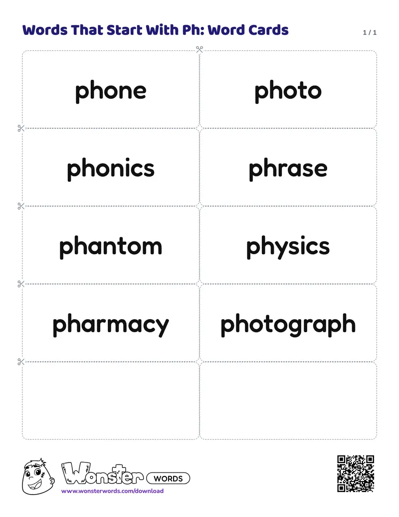 The Words That Start With Ph: Word Cards worksheet: 8 cards