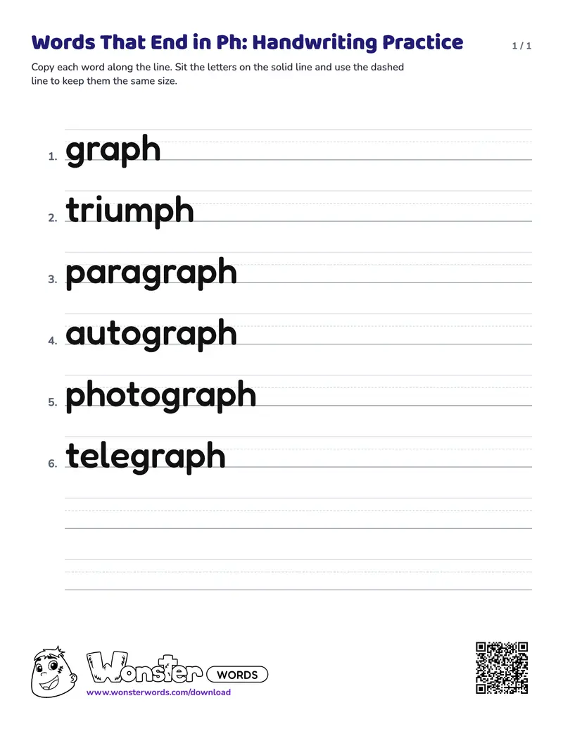 The Words That End in Ph: Handwriting Practice worksheet: 6 words