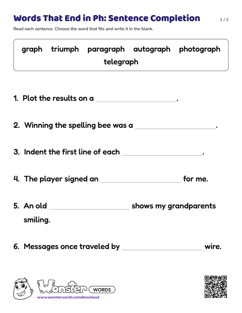 Page 1 of the Words That End in Ph: Sentence Completion worksheet (2 pages): 6 sentences, answer key included