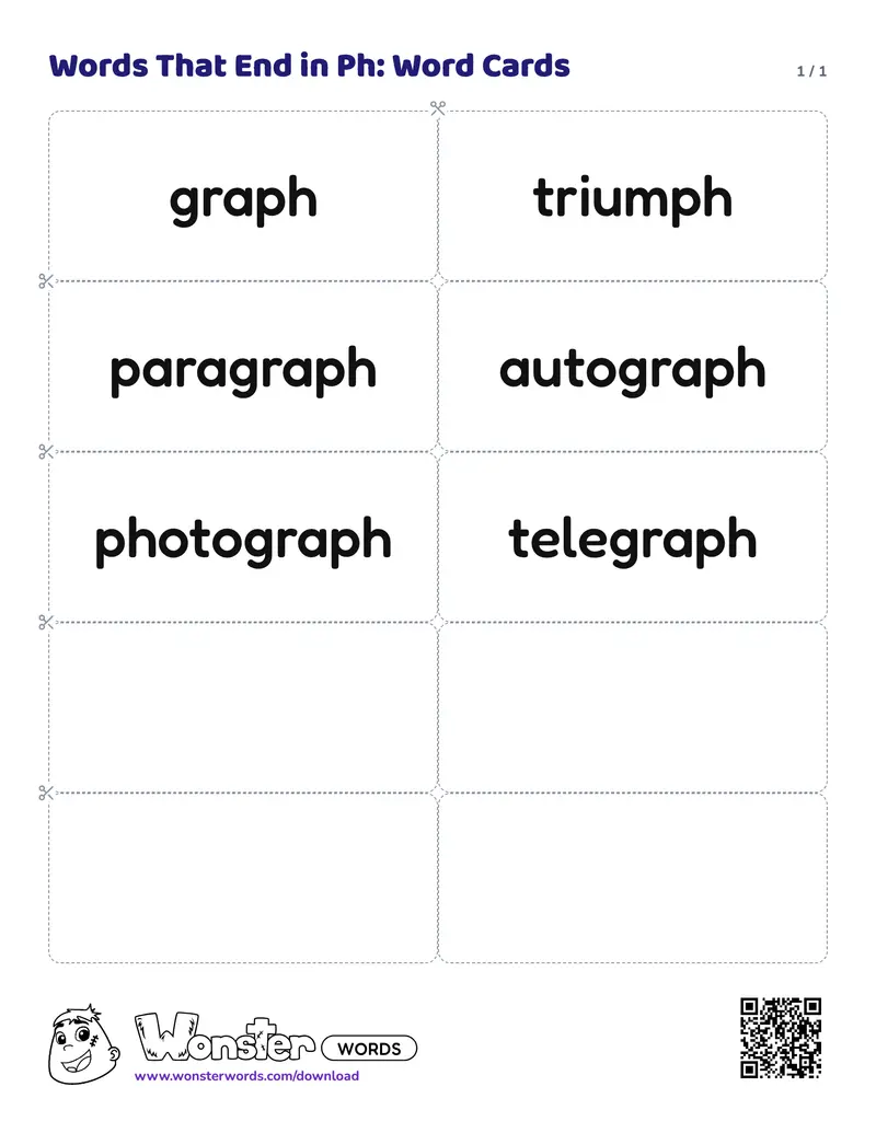 The Words That End in Ph: Word Cards worksheet: 6 cards