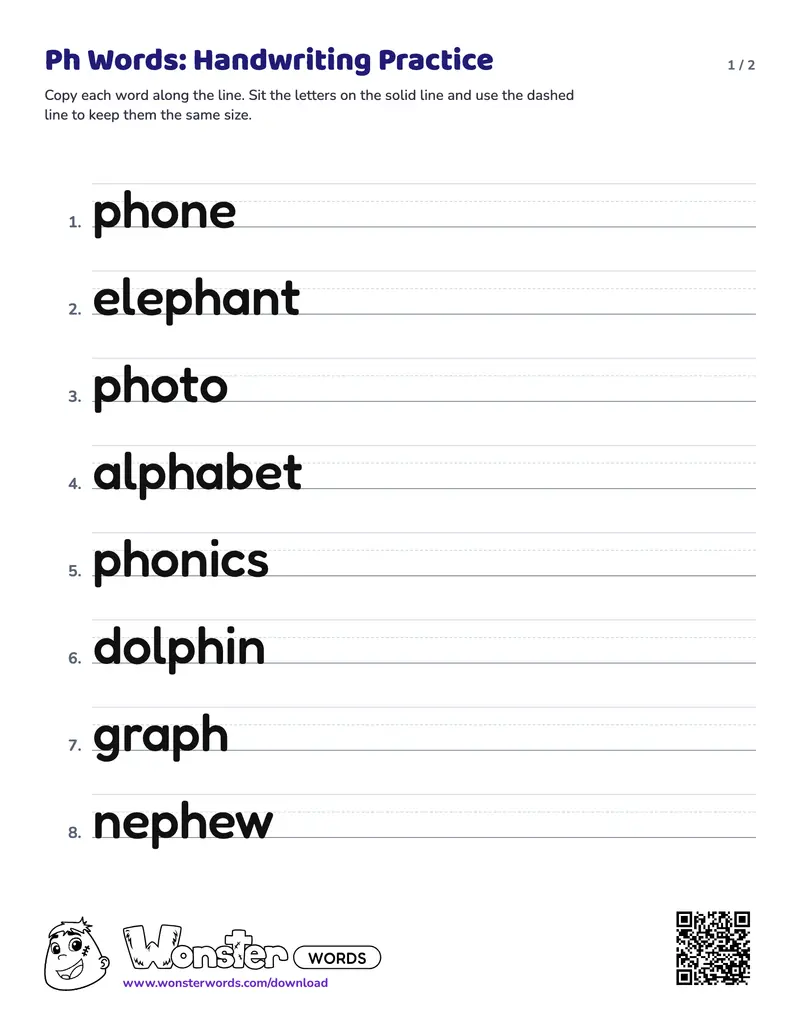Page 1 of the Ph Words: Handwriting Practice worksheet (2 pages): 12 words