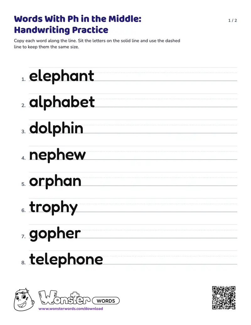 Page 1 of the Words With Ph in the Middle: Handwriting Practice worksheet (2 pages): 9 words