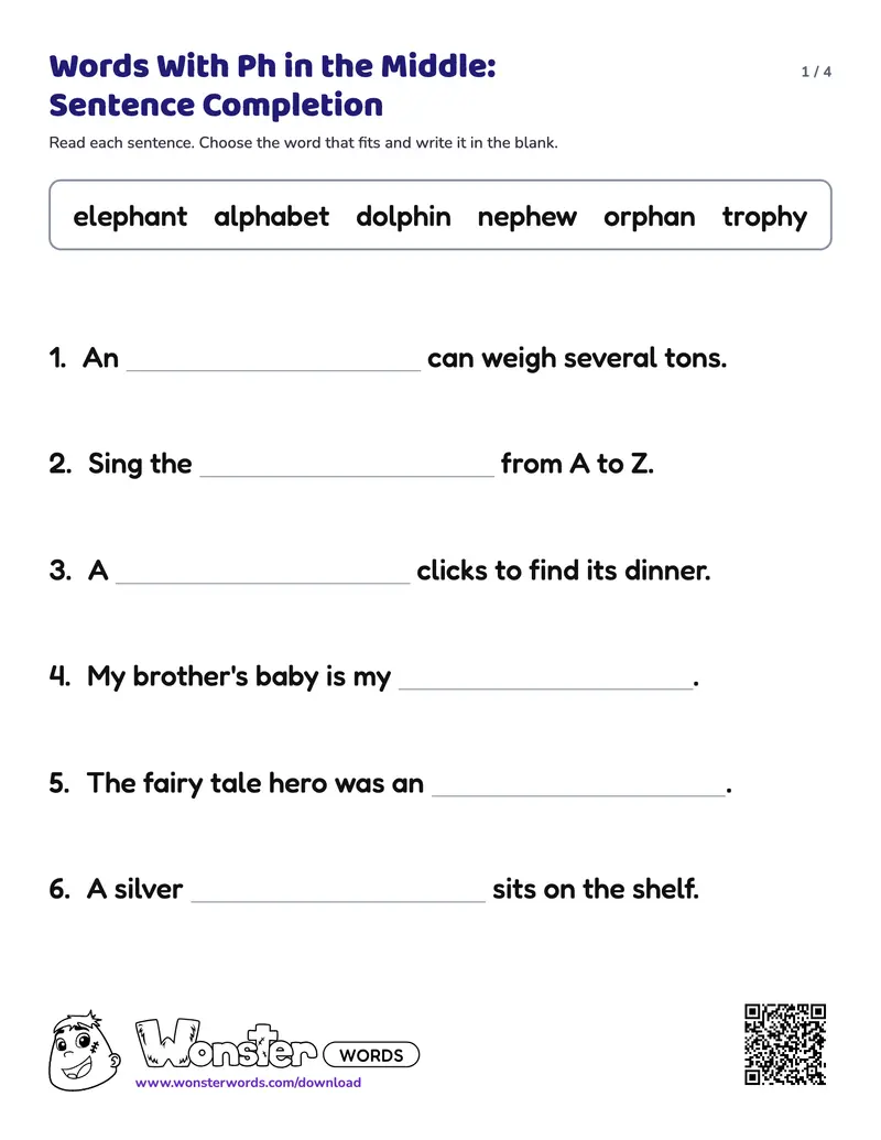 Page 1 of the Words With Ph in the Middle: Sentence Completion worksheet (4 pages): 9 sentences, answer key included