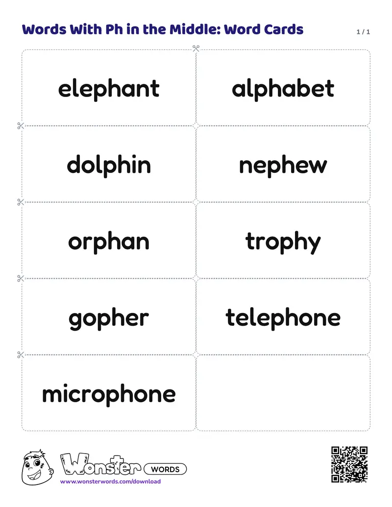 The Words With Ph in the Middle: Word Cards worksheet: 9 cards