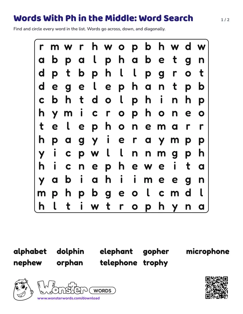 Page 1 of the Words With Ph in the Middle: Word Search worksheet (2 pages): 9 words, answer key included