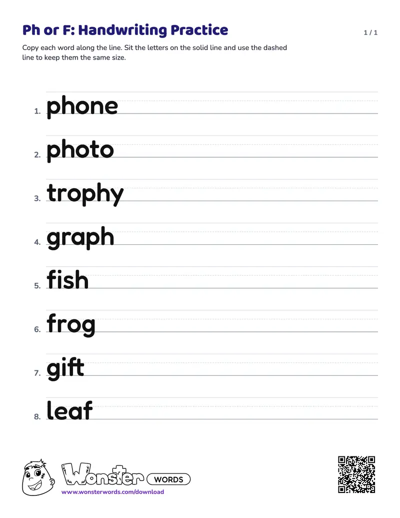 The Ph or F: Handwriting Practice worksheet: 8 words