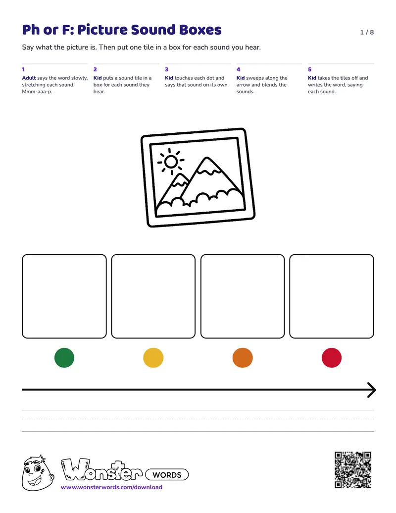 Page 1 of the Ph or F: Picture Sound Boxes worksheet (8 pages): 5 picture mats, answer key included