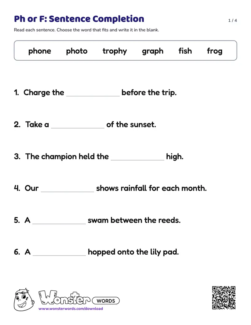 Page 1 of the Ph or F: Sentence Completion worksheet (4 pages): 8 sentences, answer key included