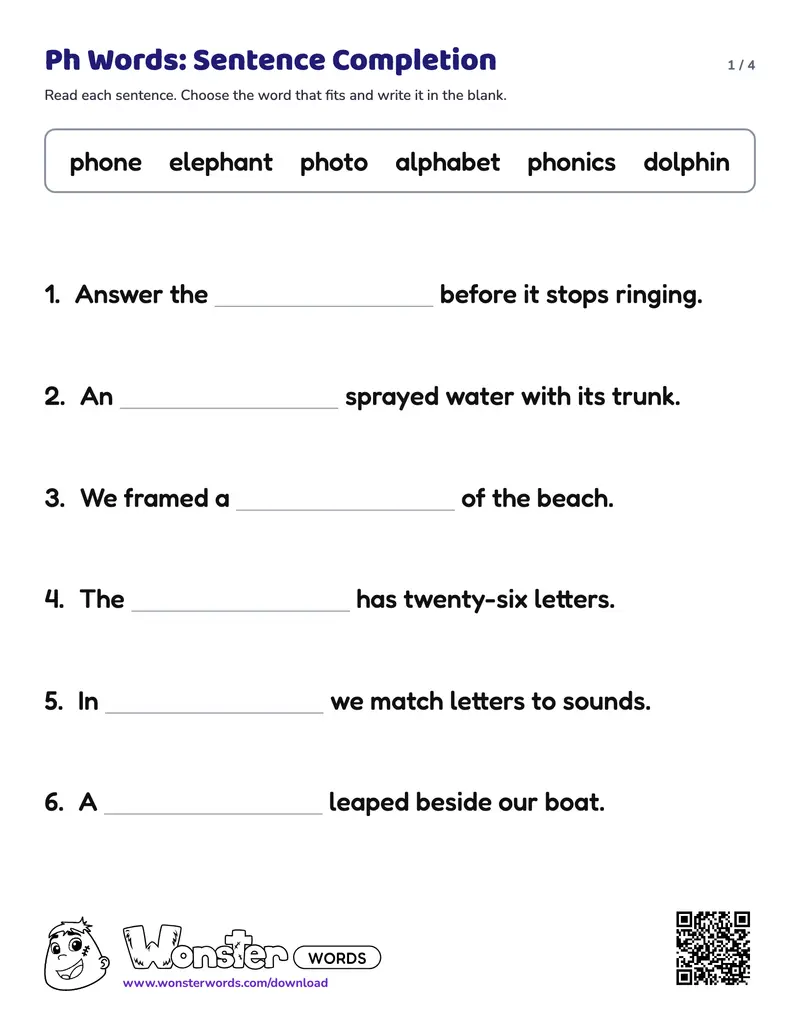 Page 1 of the Ph Words: Sentence Completion worksheet (4 pages): 12 sentences, answer key included