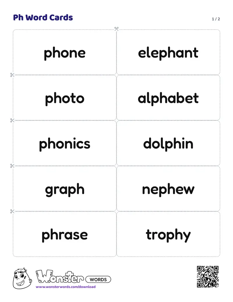Page 1 of the Ph Word Cards worksheet (2 pages): 12 cards