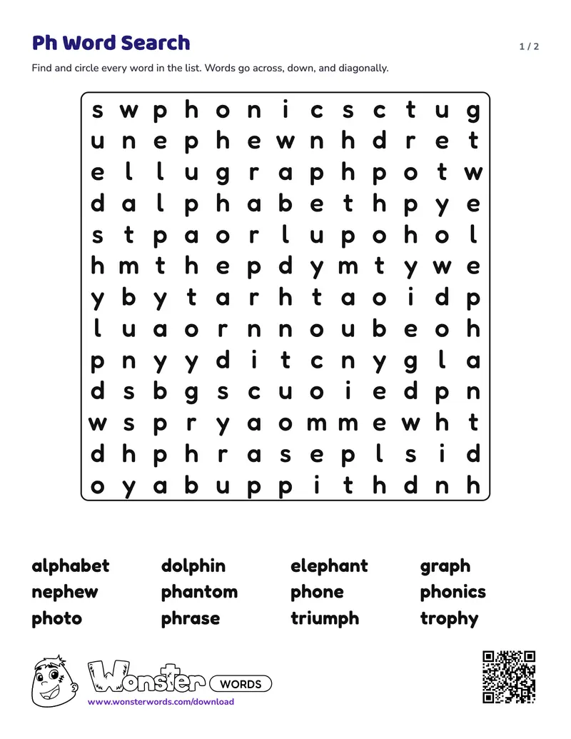 Page 1 of the Ph Word Search worksheet (2 pages): 12 words, answer key included