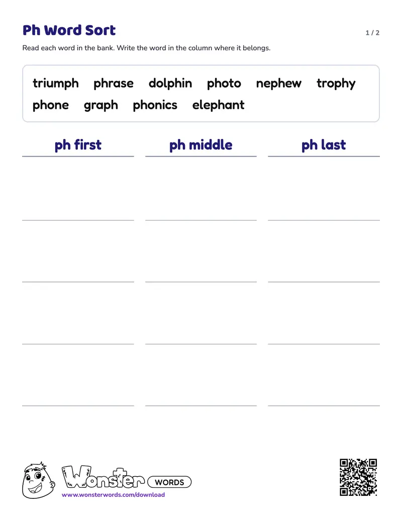 Page 1 of the Ph Word Sort worksheet (2 pages): 10 words, answer key included