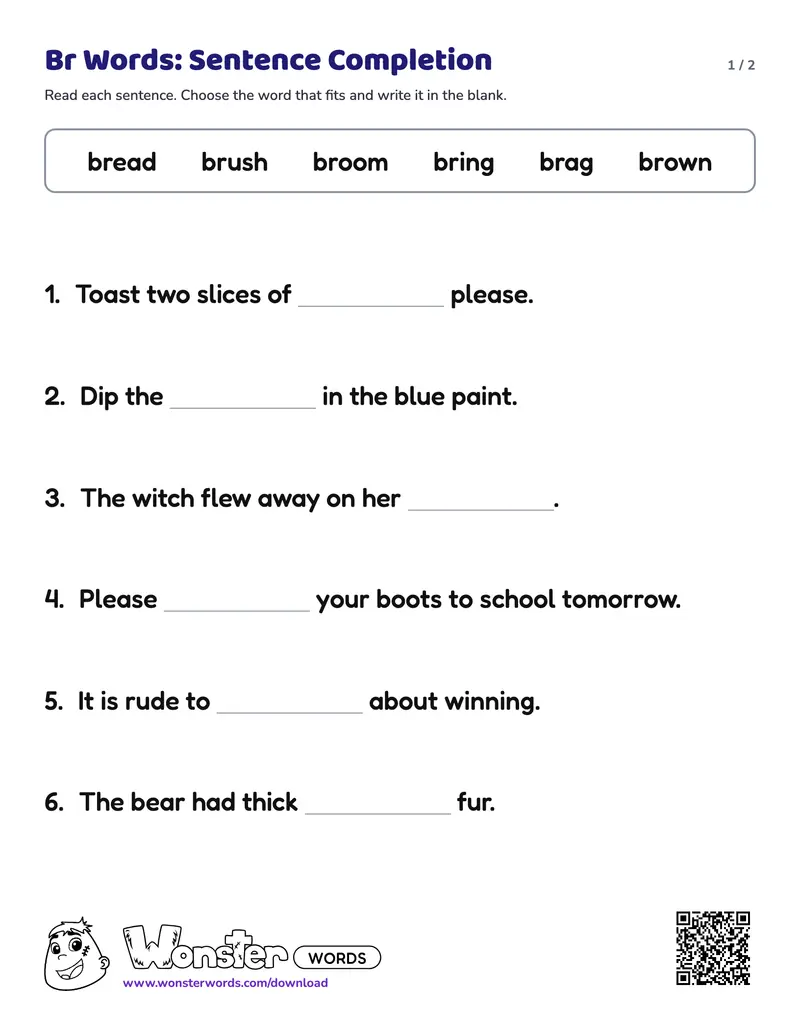 Page 1 of the Br Words: Sentence Completion worksheet (2 pages): 6 sentences, answer key included