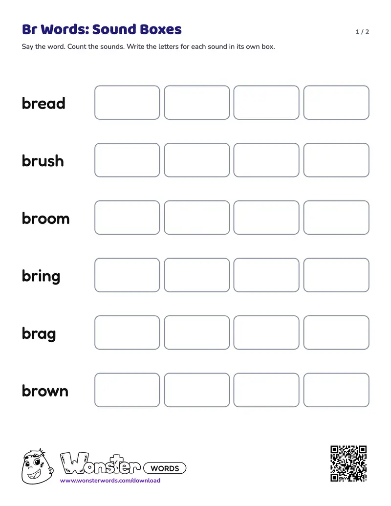 Page 1 of the Br Words: Sound Boxes worksheet (2 pages): 6 words, answer key included