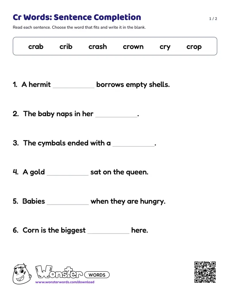 Page 1 of the Cr Words: Sentence Completion worksheet (2 pages): 6 sentences, answer key included