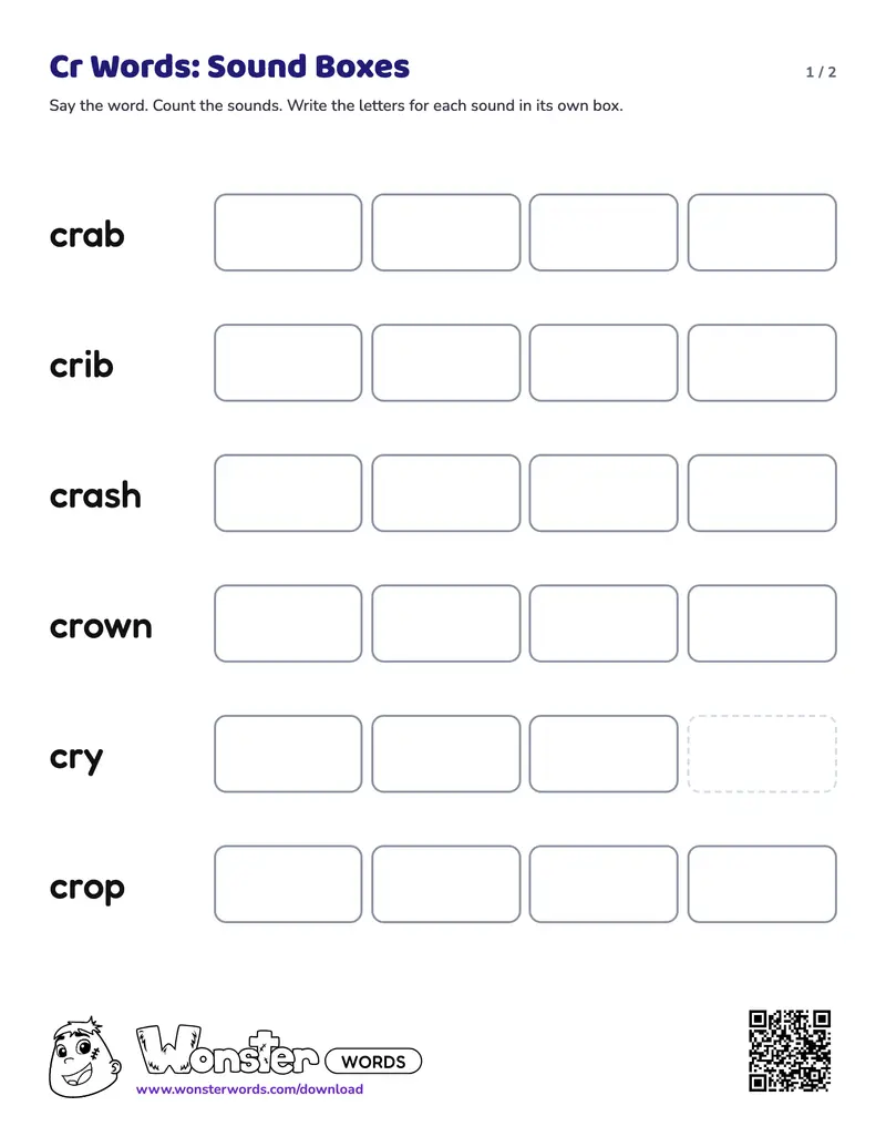 Page 1 of the Cr Words: Sound Boxes worksheet (2 pages): 6 words, answer key included