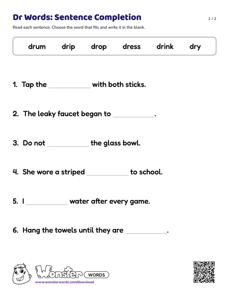 Page 1 of the Dr Words: Sentence Completion worksheet (2 pages): 6 sentences, answer key included