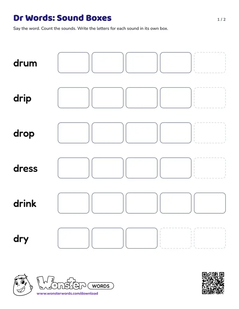 Page 1 of the Dr Words: Sound Boxes worksheet (2 pages): 6 words, answer key included