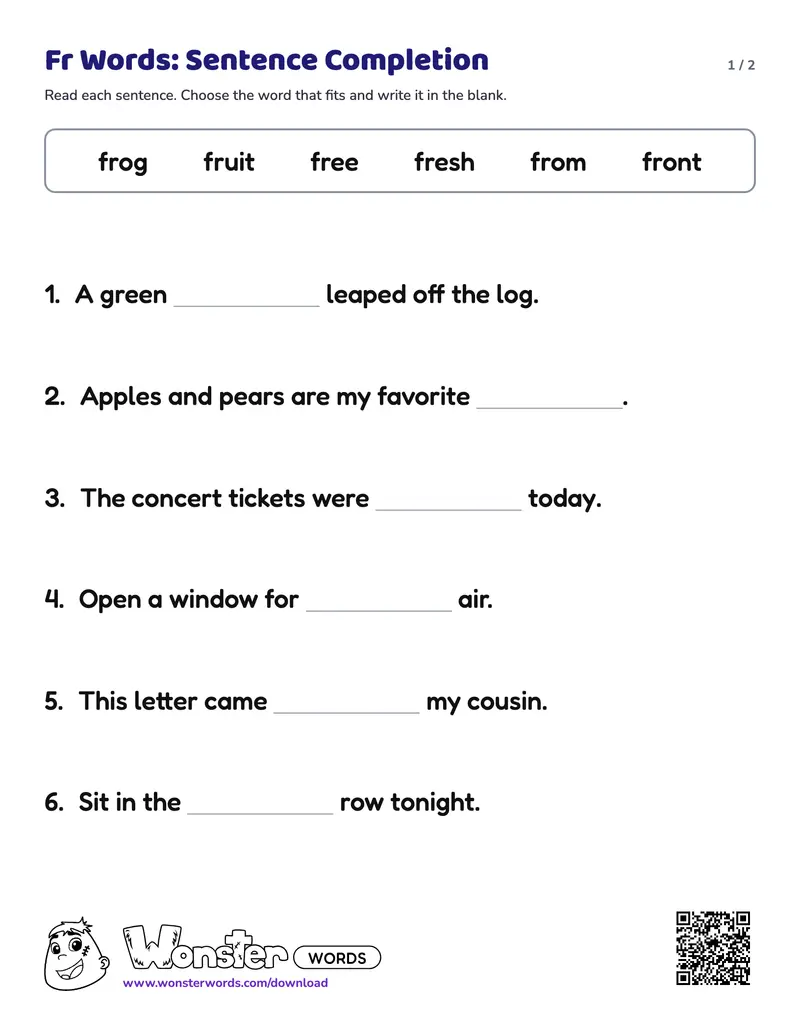 Page 1 of the Fr Words: Sentence Completion worksheet (2 pages): 6 sentences, answer key included