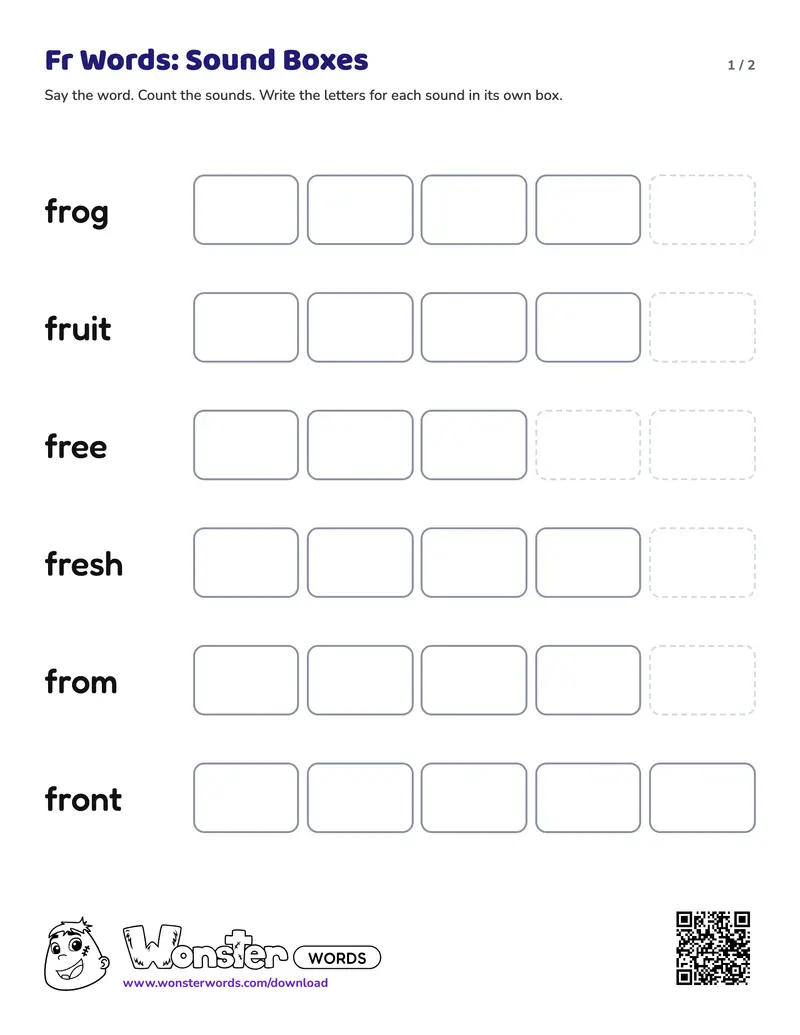 Page 1 of the Fr Words: Sound Boxes worksheet (2 pages): 6 words, answer key included