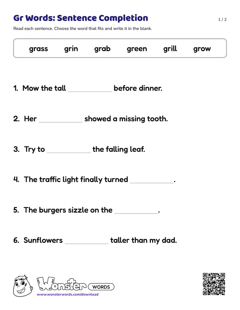 Page 1 of the Gr Words: Sentence Completion worksheet (2 pages): 6 sentences, answer key included