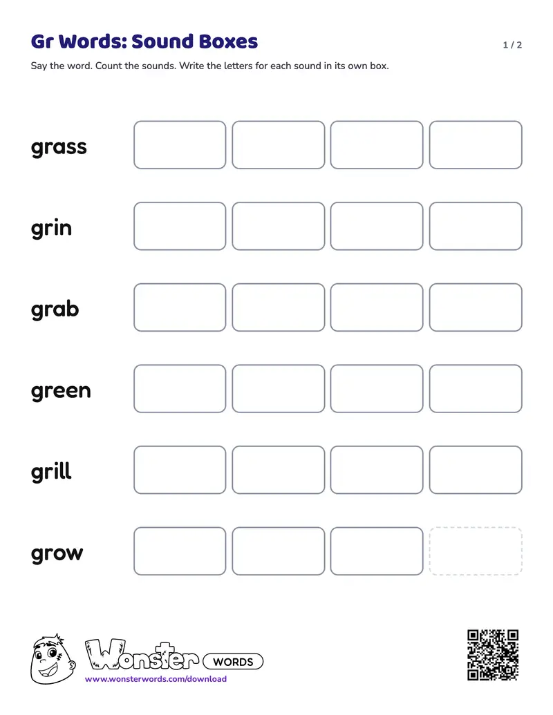 Page 1 of the Gr Words: Sound Boxes worksheet (2 pages): 6 words, answer key included