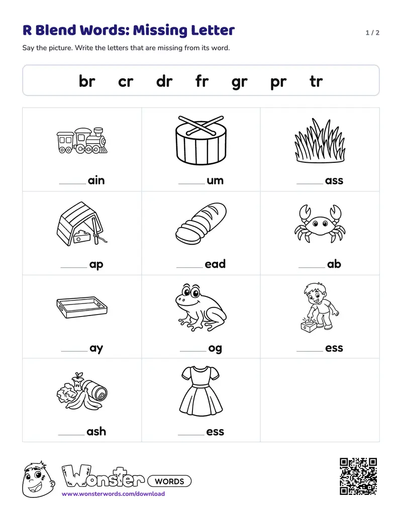 Page 1 of the R Blend Words: Missing Letter worksheet (2 pages): 11 pictures, answer key included