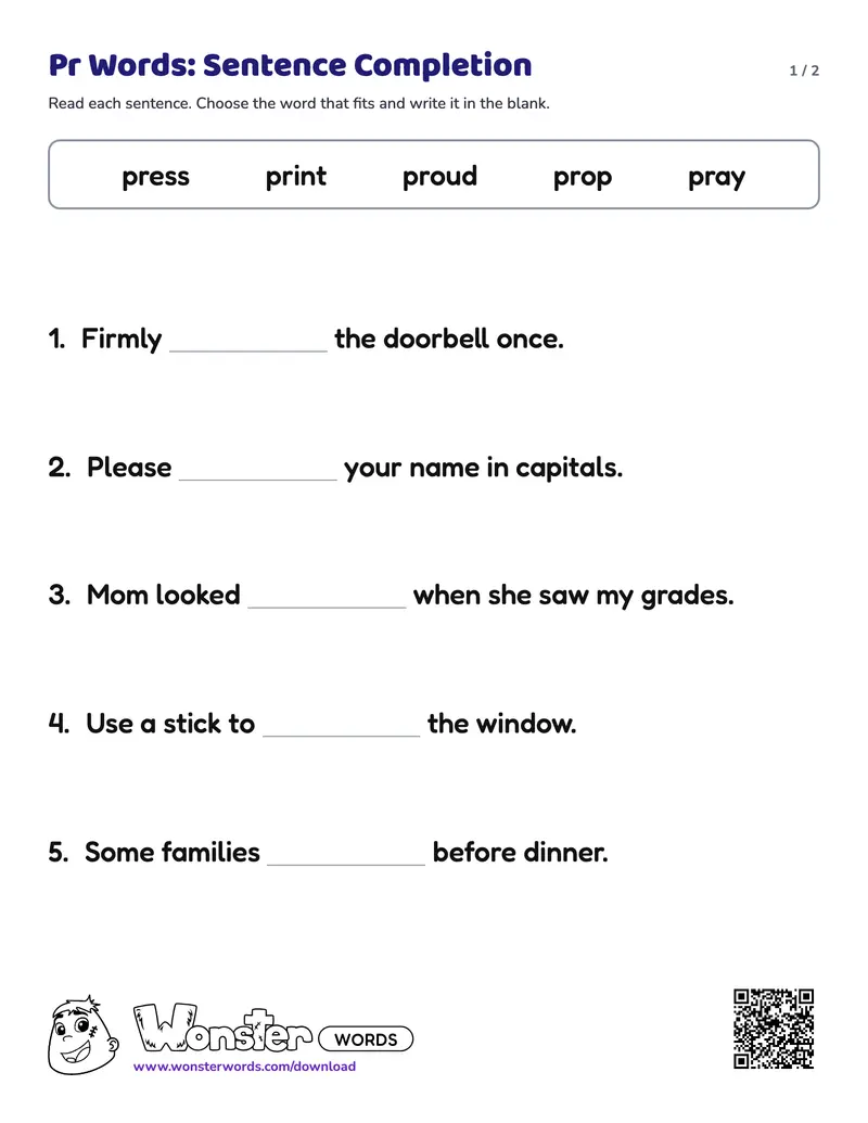 Page 1 of the Pr Words: Sentence Completion worksheet (2 pages): 5 sentences, answer key included