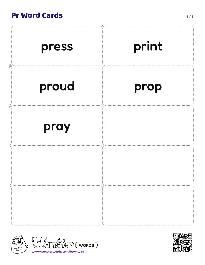 The Pr Word Cards worksheet: 5 cards