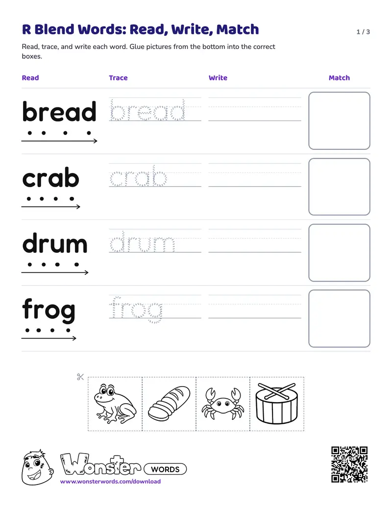 Page 1 of the R Blend Words: Read, Write, Match worksheet (3 pages): 7 words, answer key included