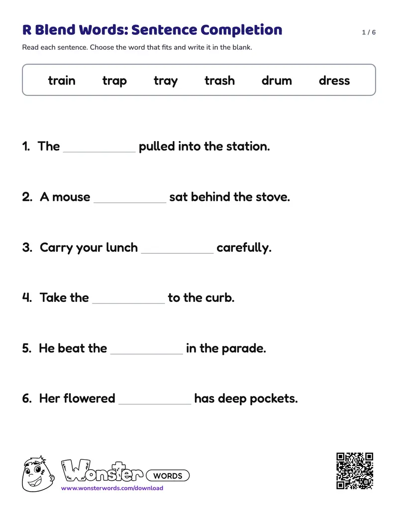 Page 1 of the R Blend Words: Sentence Completion worksheet (6 pages): 16 sentences, answer key included