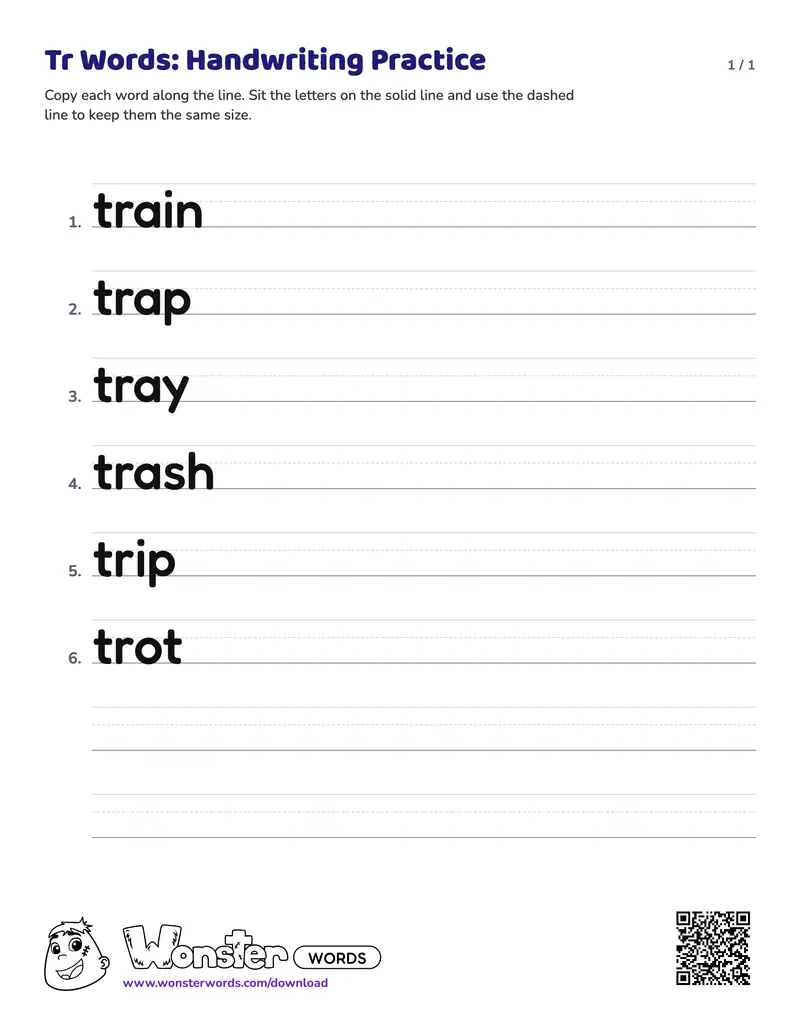 The Tr Words: Handwriting Practice worksheet: 6 words